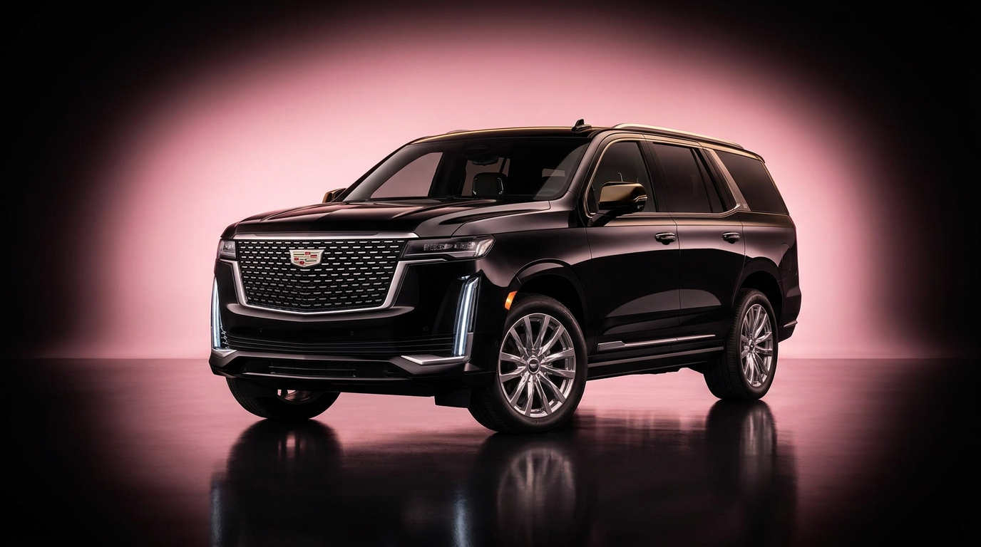 Black Cadillac Escalade SUV in a pink and black studio
